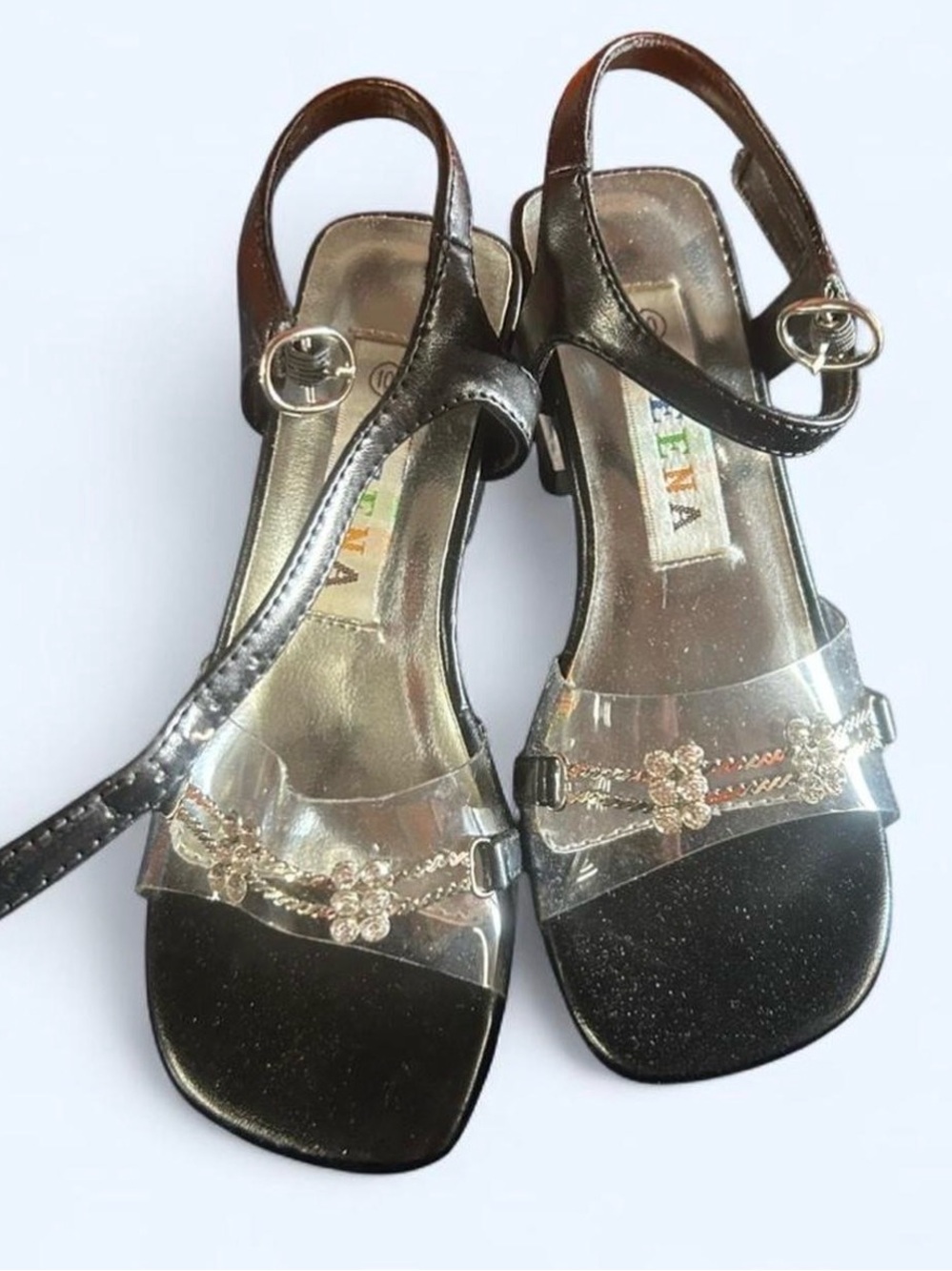 Girl’s size 10 vintage Black Metallic Slingback Sandals with Clear Strap